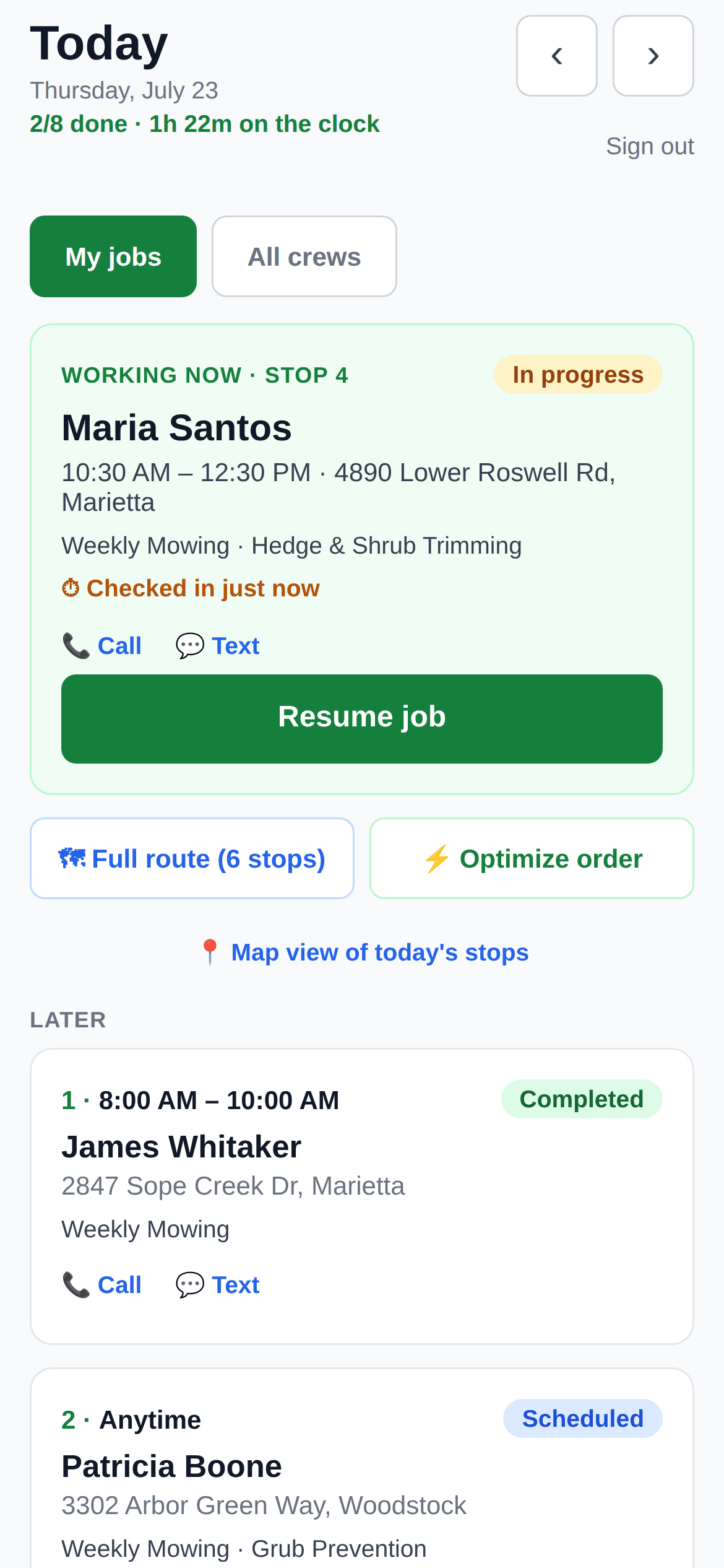 SureGrounds crew app Today screen with an active job, route controls, and numbered upcoming stops
